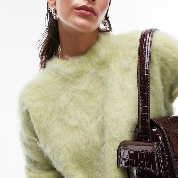 Topshop Knitted Fluffy Jumper Sweater Long Sleeve Crewneck Top Wool Green NWT 12 - Picture 1 of 9